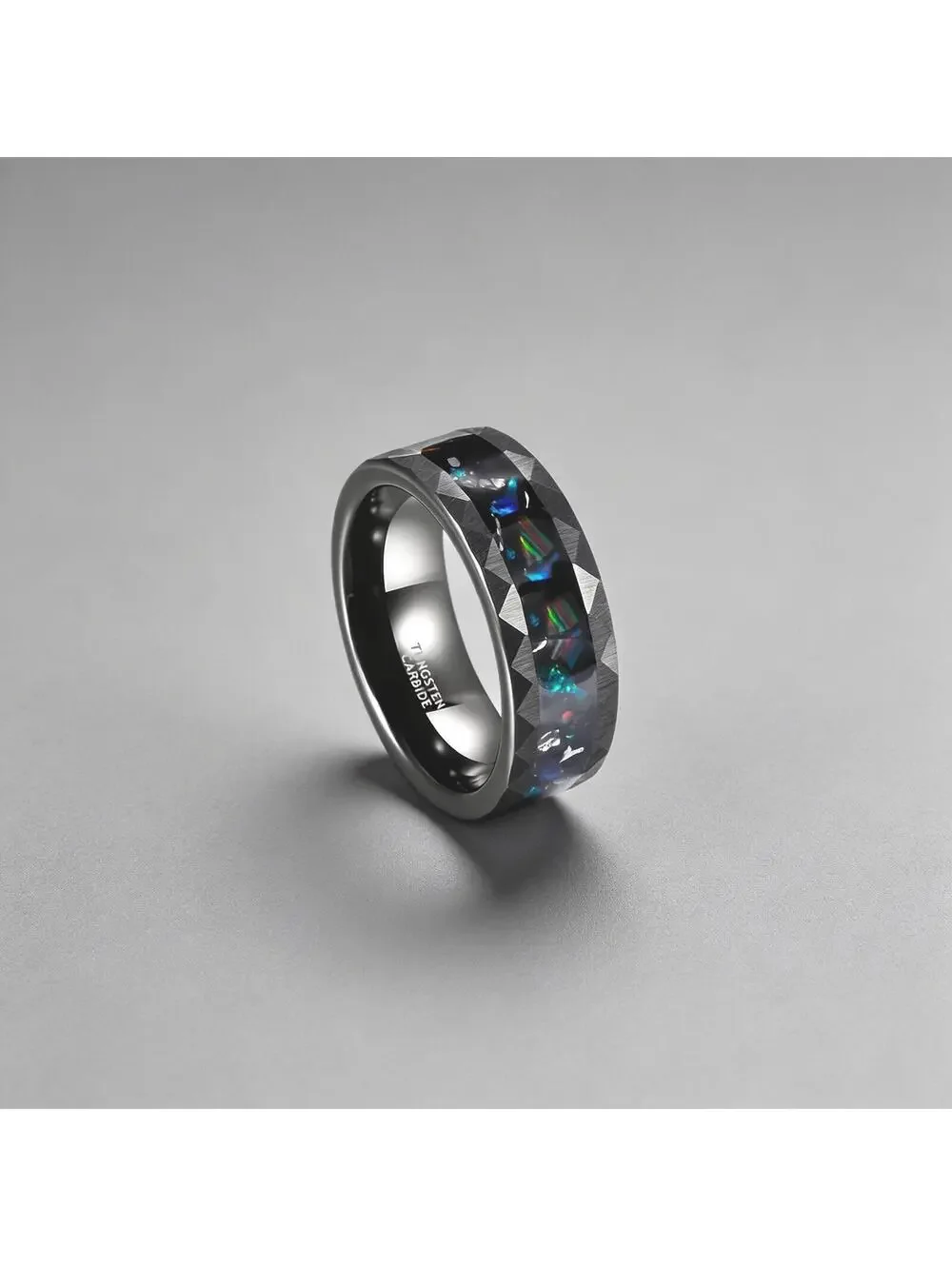 Galaxy Ring Black Tungsten Carbide Opal Inlay Faceted Band Size 9 - NEW